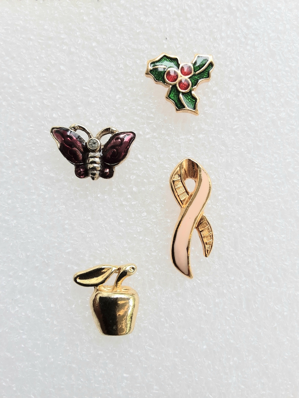 Lapel Hat Pin Collection, Butterfly, Holly, Apple, Pink Ribbon, Enamel, Goldtone